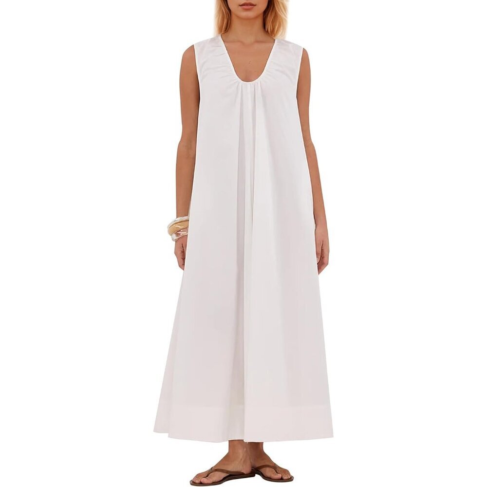 Women Flowy Maxi Dress Sleeveless Ruched Long Casual Vacation Sundress - Picture 3 of 4